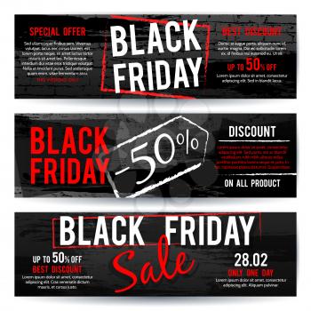 Black Friday sale horizontal advertising vector banners with black and red distressed brush texture. Sale and black friday card, banner illustration