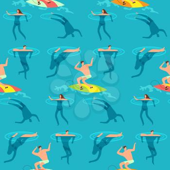 People swimming and diving ocean. Summer time on beach exotic vintage seamless vector pattern. People swim in ocean, diving and surf board illustration