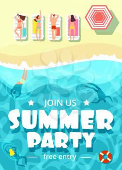 Sea beach with happy people. Summer party vector poster. Sea summer party banner. Vacation travel, holiday ocean illustration
