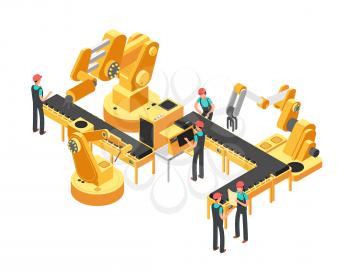 Conveyor production line automotive industry and automation control isometric vector concept. Automation and production conveyor, automotive robotic and machinery illustration