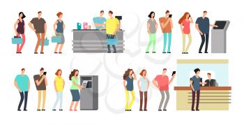 Queues of people vector set. Man and woman standing in line at atm, terminal and bank vector cartoon icons set. Queue man and woman to atm bank, finance banking counter illustration