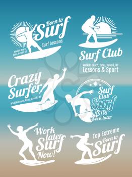 White creative summer surfing sports vector logos collection with surfer, surf board and ocean wave. Illustration of surfboard water sport