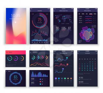 Mobile application UI and Smartphone UX vector templates with charts and diagrams. Mobile app design or mobility applications vector interface, phone internet visualization illustration