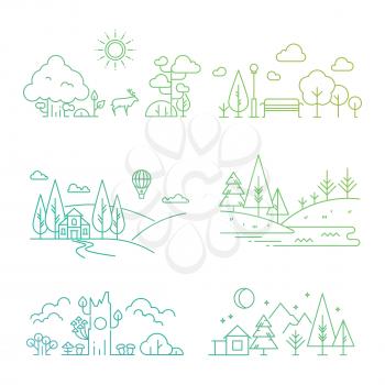 Bright nature landscape outline icons with tree, plants, mountains, river. Vector illustration