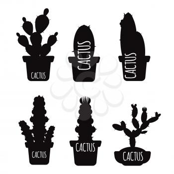 Black cactus silhouettes of set isolated on white background. Vector illustration