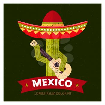 Cute musician cactus in sombrero poster design - grunge mexican vector logo illustration