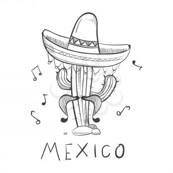 Mexico sketch cactus in sombrero - hand drawn mexican symbols print. Vector illustration