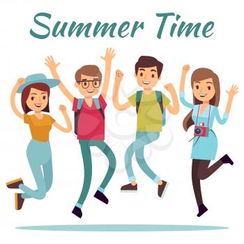 Happy people. Summer time flat vector with jumping men and women. Group of friends illustration