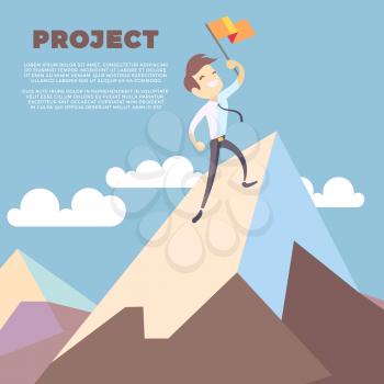 Business man holding flag on mountain peak vector background. Successful leadership winner on mountain with flag illustration