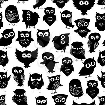Cartoon owl seamless pattern. Black cute night birds texture. Vector illustration