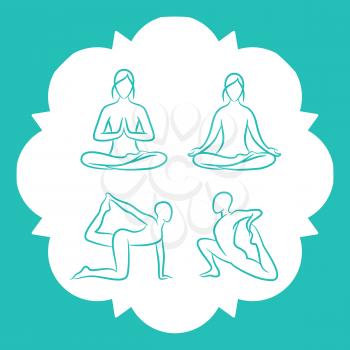 Hand drawn yoga poses vector line silhouettes of set illustration
