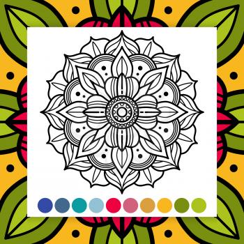 Oriental flower mandala. Antistress adults coloring page with color sample. Vector illustration