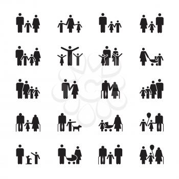 Family pictograms. Grandparents, father, mother, son and daughter figures. People demographics vector silhouette icons isolated. Illustration of family mother father with kids, daughter and son