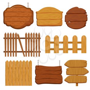 Cartoon wooden garden fence. Blank wood banners and signs vector set. Wooden banner and wood fence, billboard and signpost illustration