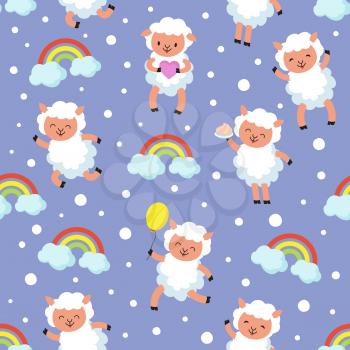 White lamb, small sheep baby. Sweet dream vector seamless pattern. Sheep character background, dream animal colorful illustration