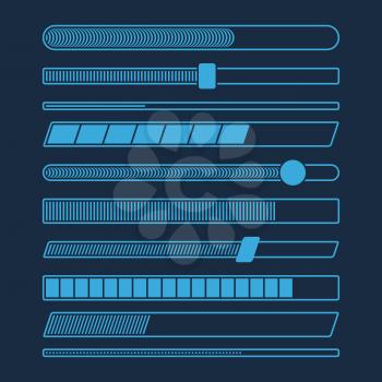 Futuristic download progress loading bar vector set isolated. Progress web interface, collection of upload and downloading process illustration