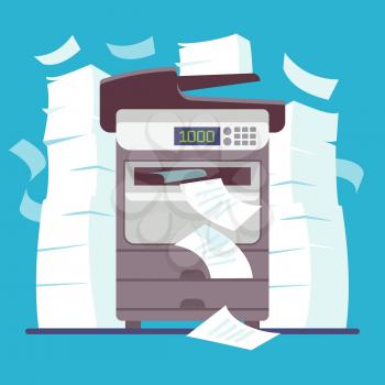 Multifunction office printer, computer scanner printing and copying paper documents cartoon vector illustration. Printer office, scanner machine, digital device photocopier