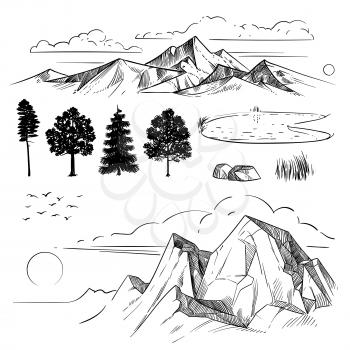 Hand drawing mountain range, peaks clouds, sun and forest trees. Retro mountains and landscape elements isolated etching vector set. Nature landscape, peak and forest, rock and mountain illustration