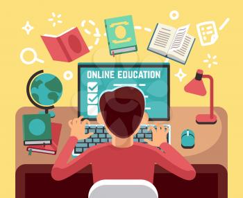Student or school boy studying on computer. Online lesson and education vector concept. Student at computer, pupil online education illustration