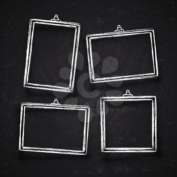 Old hand drawn chalk photo frames, white vintage image borders with shadows isolated on blackboard vector set. Chalk frame on blackboard, drawing framework for menu illustration