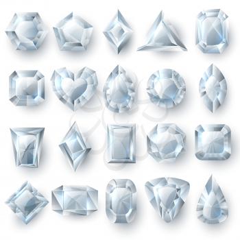 Silver diamonds gems, cutting stones jewellery vector set isolated on white background. Brilliant stone, crystal precious, gemstone luxury illustration