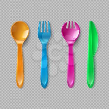Kids plastic cutlery. Little spoon, fork and knife isolated. Disposable dishware, toy kitchen dining tools vector set. Illustration of knife and plastic fork, spoon, color dining cutlery tool