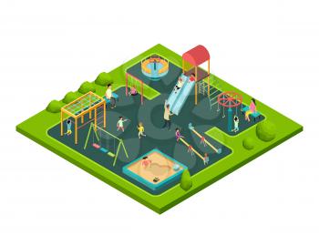 Children playing with parents on kids playground with game equipment. Isometric cartoon vector illustration with 3d little people. Playground isometry with swing and slide