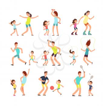 Fitness family, parents and kids training together. Active families doing sports exercise vector flat people isolated. Illustration of sport lifestyle parent with children