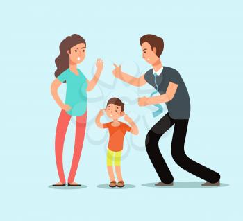 Angry husband and wife swear in presence of unhappy scared kid. Family conflict vector cartoon concept. Illustration of man and woman divorce