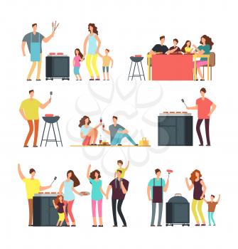 Resting people on bbq picnic. Active family and kids playing outdoor. Cartoon vector characters isolated. Family eat food, picnic and barbecue illustration