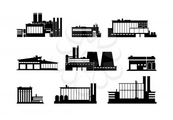 Factory, manufacturing plant and warehouse black silhouette icons isolated. Factory construction building, production and manufacturing, vector illustration