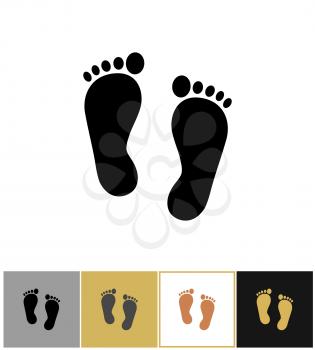 Human black silhouette foot print icon, footprints symbol isolated on gold, black and white backgrounds vector illustration