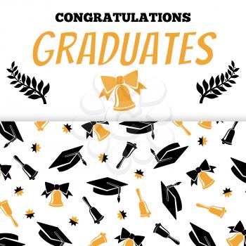 Congratlations graduates banner design with cap and bells silhouettes style. Vector illustration