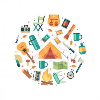 Tourists equipment, travel and hiking accessories icons round concept. Vector illustration