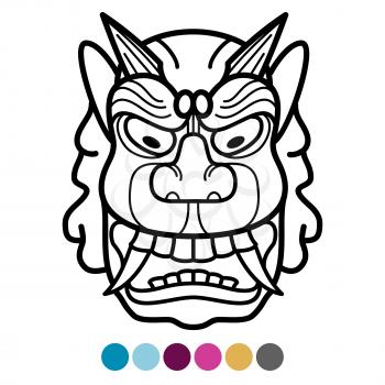 Angry african traditional mask. Coloring page mexican tribal mask. Vector illustration