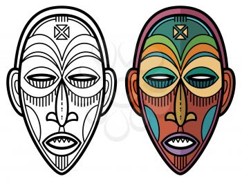 Indian aztec, african, mexican historic tribal mask coloring page. Vector illustration