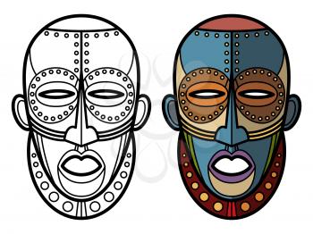 Mexican indian aztec masks coloring page of set isolated on white. Vector illustration