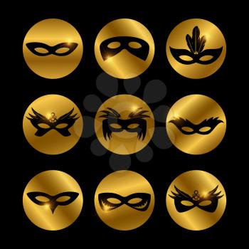 Party face masks icons with glowing elements of set isolated on black. Vector illustration