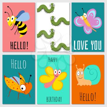 Hello, happy birthday, love you cards of set with cartoon insects. Vector illustration