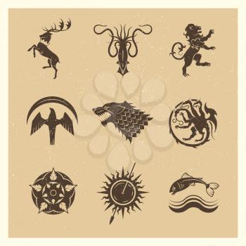 Vintage Great kingdoms houses gaming heraldic vector icons with silhouette animals and throne symbols illustration