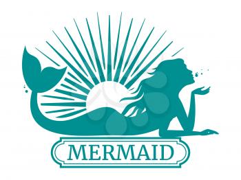Mermaid silhouette and sun label design isolated on white. Vector illustration