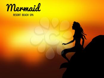 Resort beach spa background. Mermaid silhouette and sunrise. Vector illustration