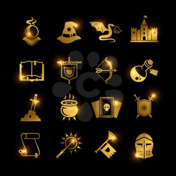 Golden fantasy medieval tale vector icons. Mystery magic and knight pictogram. Vector illustration