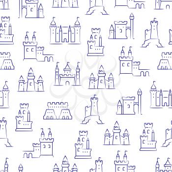 Medieval castles, fortress, bastions isolated on white seamless background pattern. Vector illustration