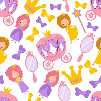 Princess vector seamless cartoon pattern. Magic girls fabric texture. Illustration of cartoon woman, carriage and mirror fairytale seamless pattern