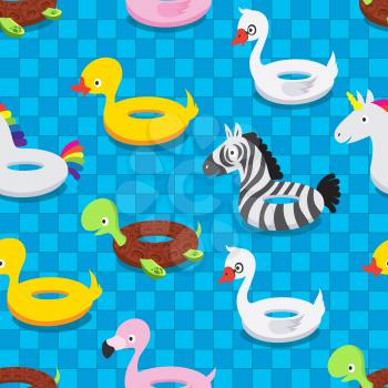 Inflatable animal rubber toys in swimming pool. Swim float rings summer seamless pattern vector illustration