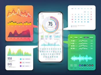 Cell phone application interface design with business infographics charts and graphs. Mobile phone ui vector eps10. Infographic for business on smartphone illustration