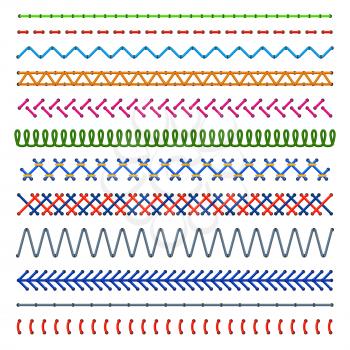 Detail stitched seamless patterns. Color sewing seams. Embroidery cloth edge vector texture. Illustration of colored thread stitch, embellishment stitched pattern