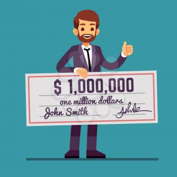 Young happy man holding money prize check for one million dollars. Cash lottery winnings and success vector concept. Man character with million prize lottery check illustration