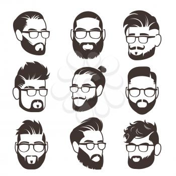 Handsome bearded hipster man faces with mustache and modern male hairstyle vector avatars isolated. Face with beard and mustache, gentleman silhouette character illustration